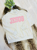 Women’s Pink Gingham Print Embroidered Jesus Mockneck Pullover Top