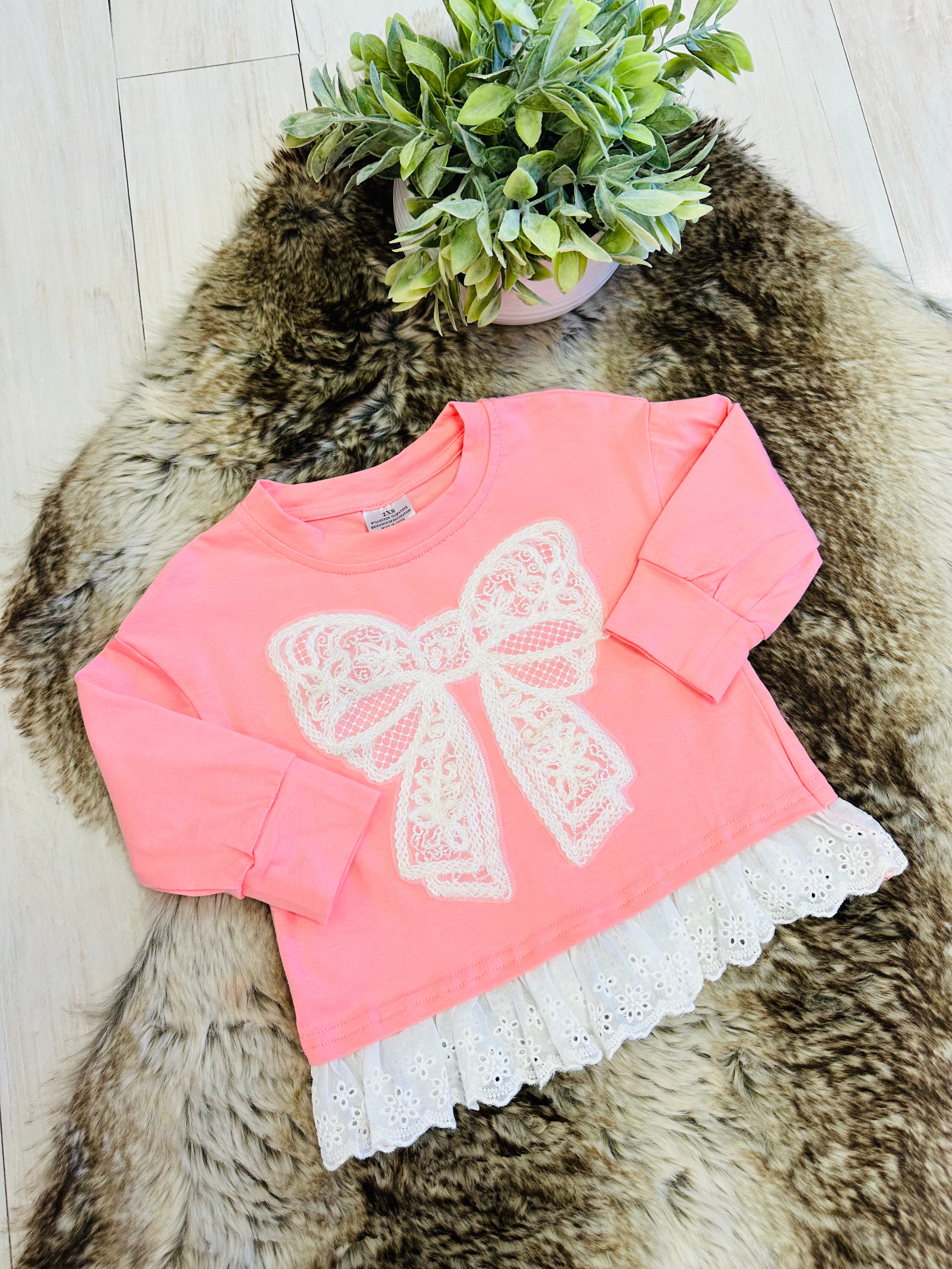 Girl’s Long Sleeve Pink Bow Outfit with Lace Detail