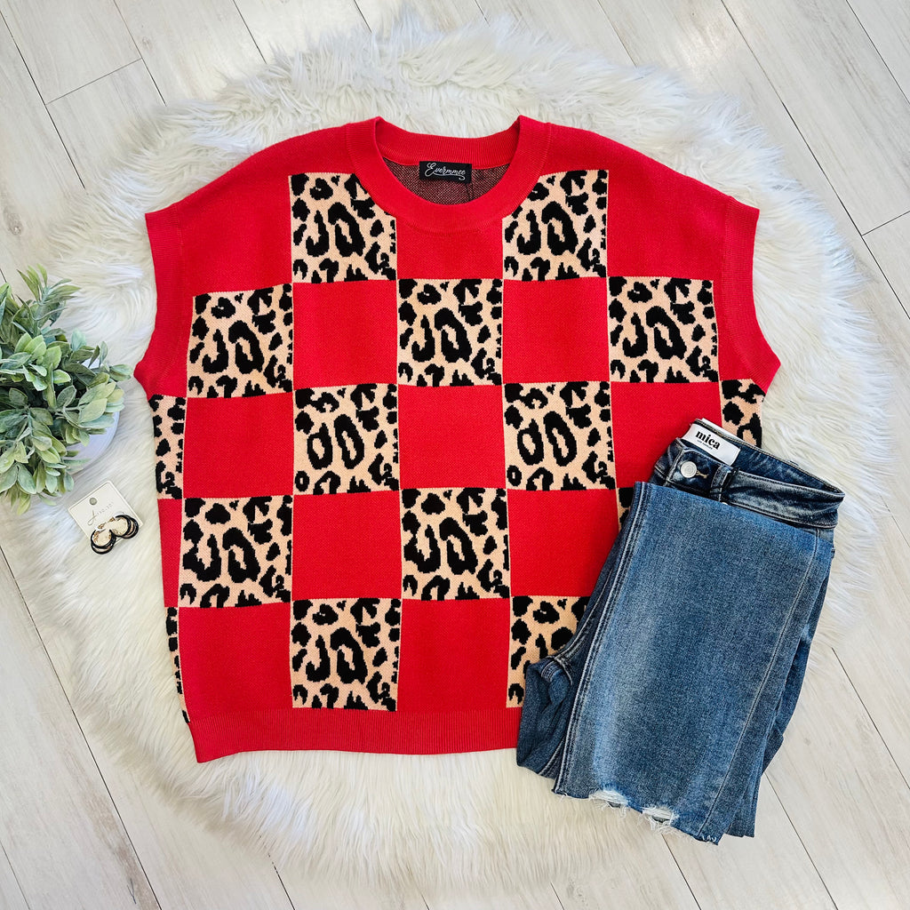 Women’s Evermmee Leopard Print Red Checkered Sweater Top