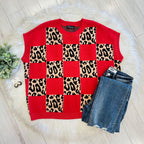 Women’s Evermmee Leopard Print Red Checkered Sweater Top