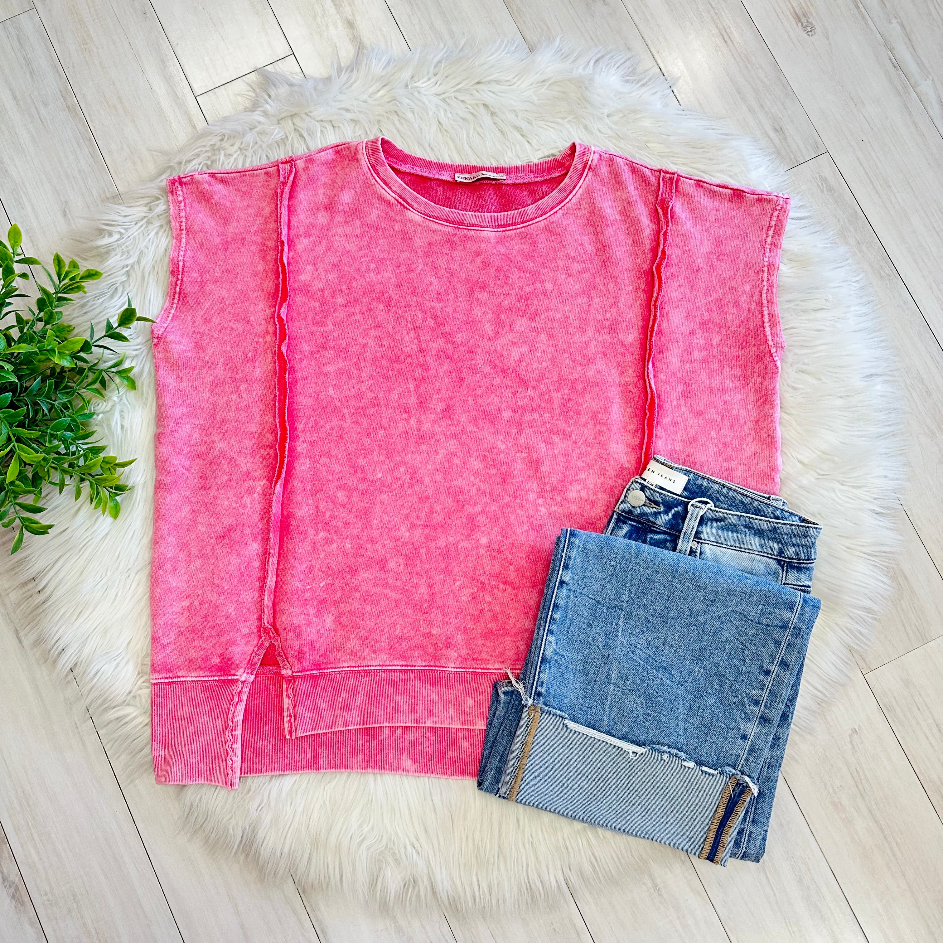 Women’s Pink Zenana Sleeveless Acid Wash Top with Slits
