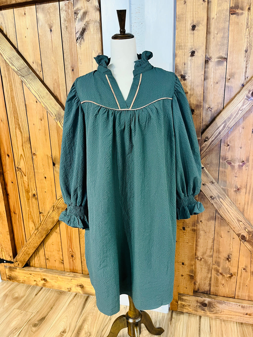 Women’s Umgee Hunter Green  Curvy V Neck Textured Dress- Loose Fit