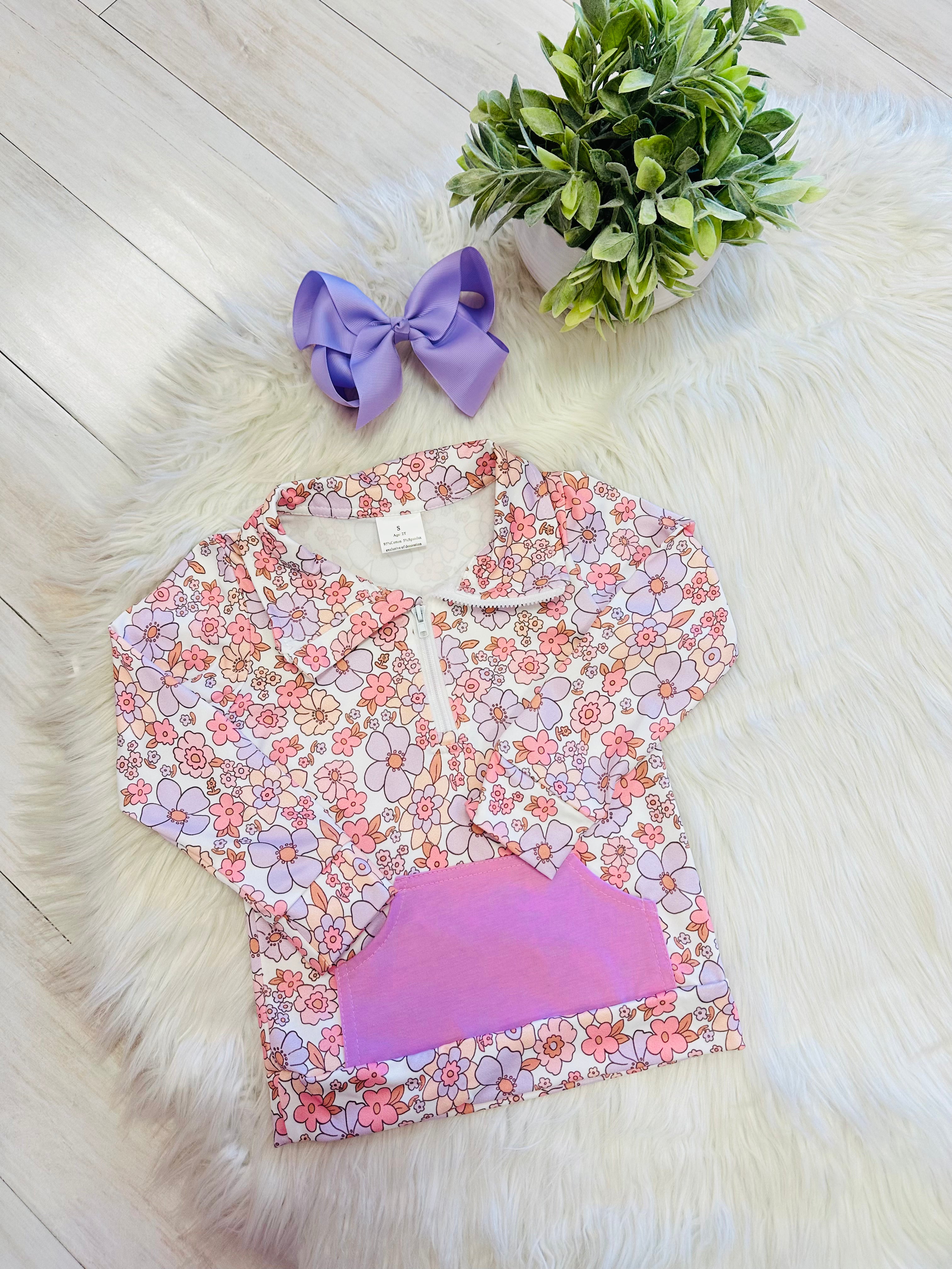 Girl’s Pink and Purple Floral Half Zip Pant Set