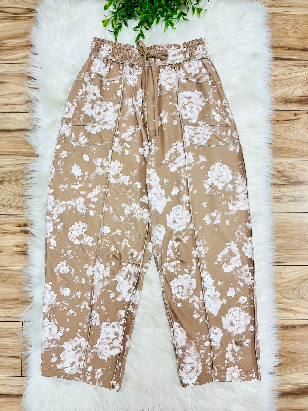 Women’s Anniewear Latte Rose Print Barrel Knit Pants- True to Size