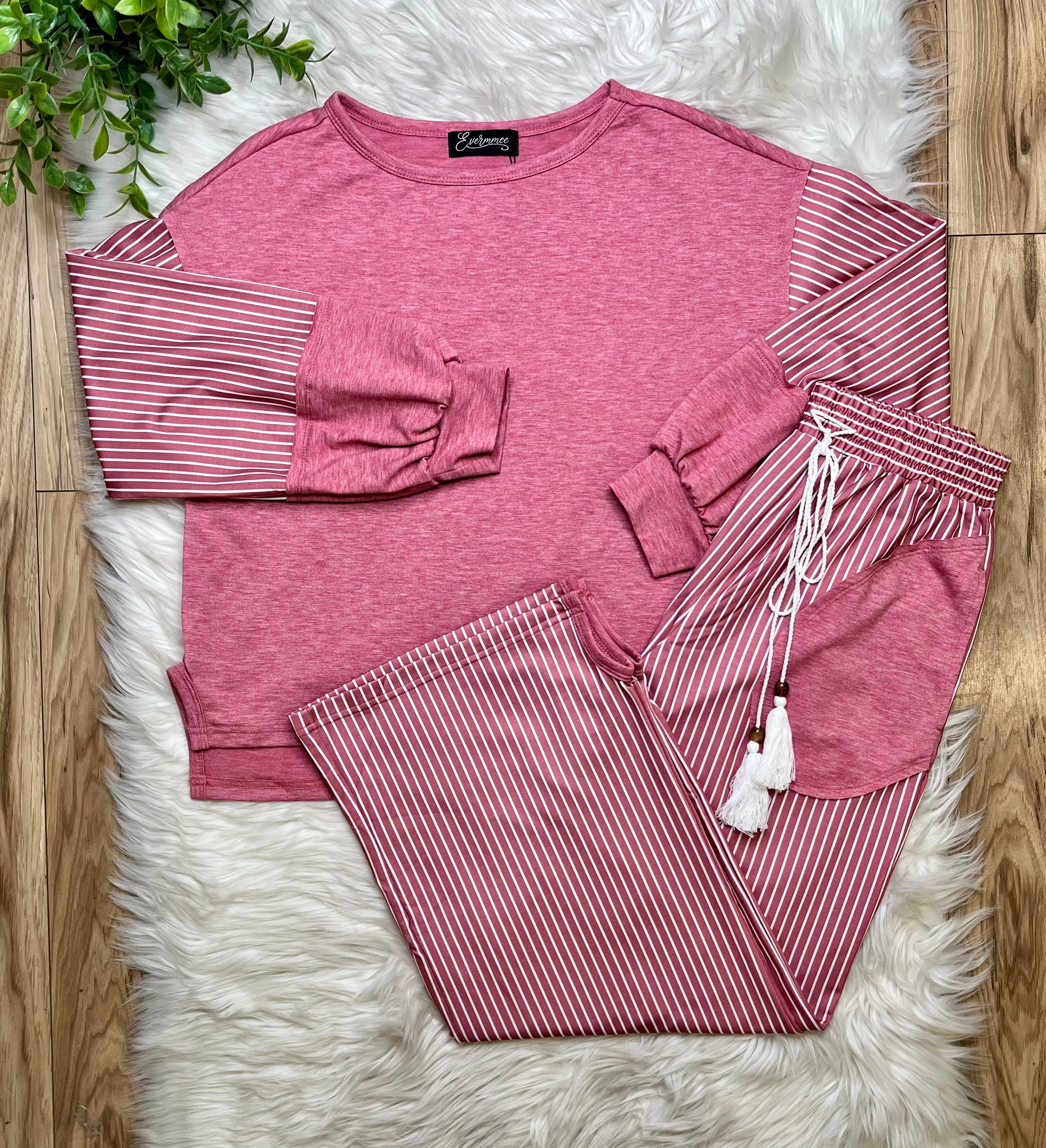 Women’s Evermmee Mauve Stripe Pant Set- True To Size