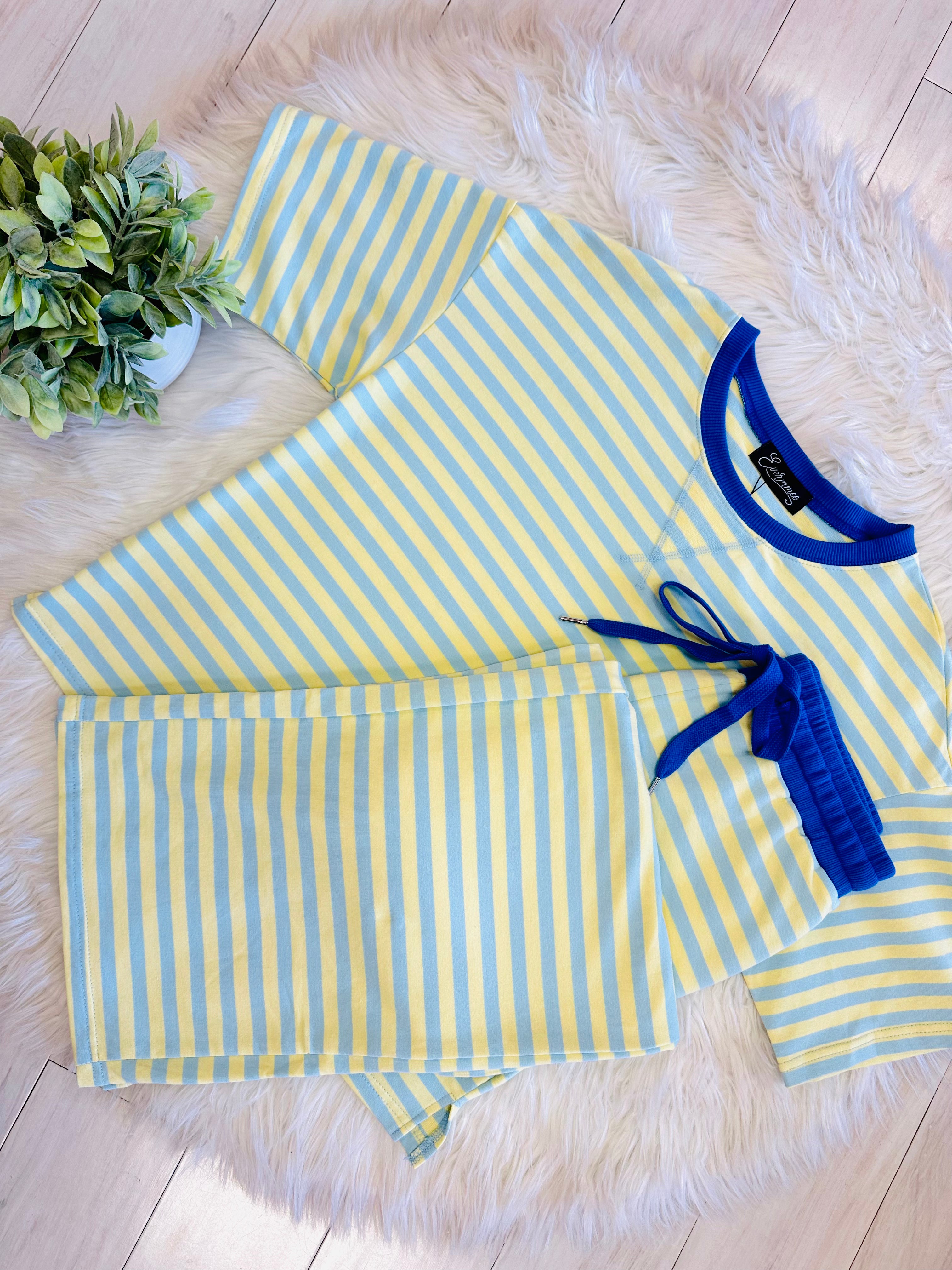 Women’s Light Blue and Yellow Stripped Pant Set