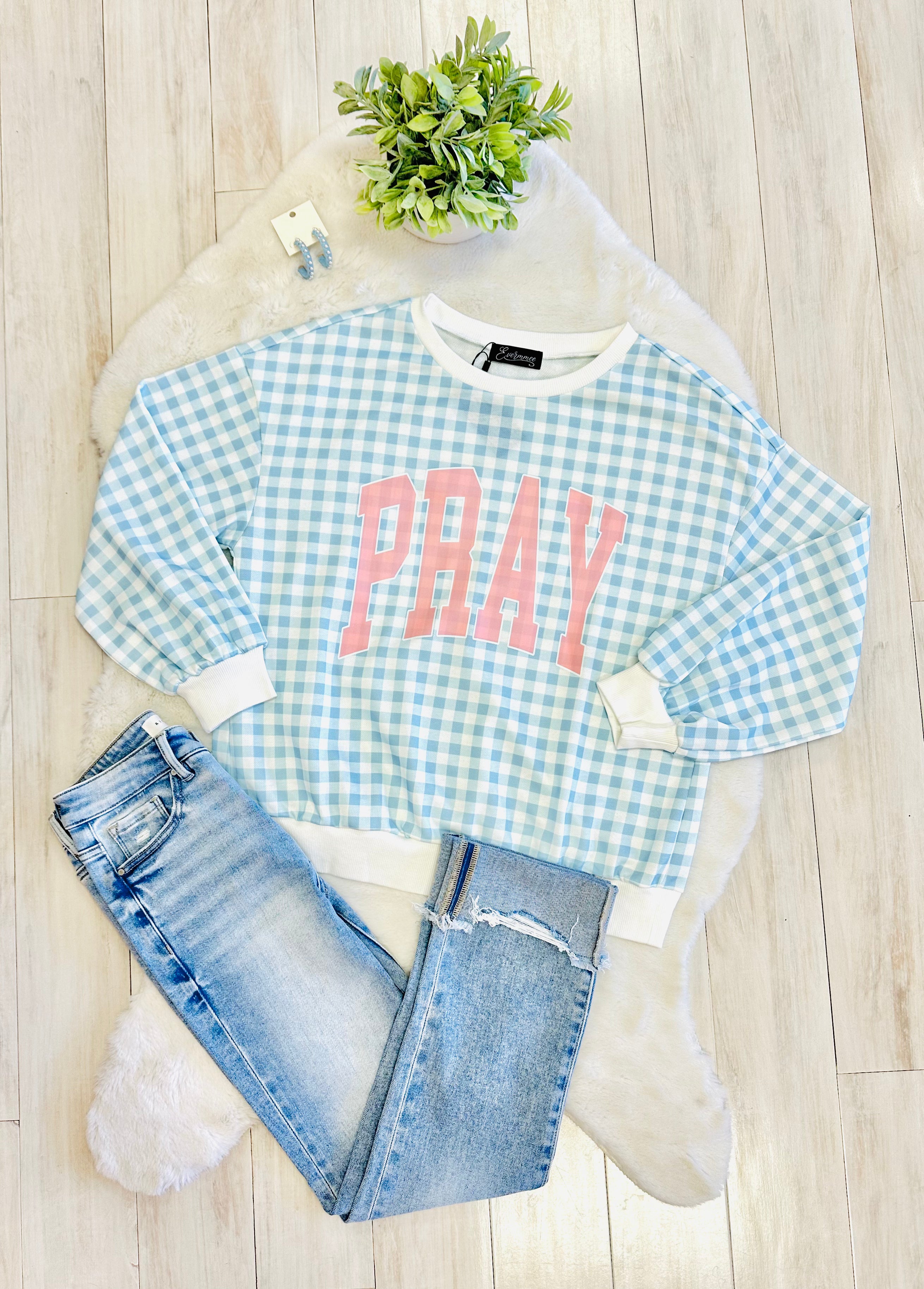 Women’s Blue Gingham Pray Crewneck