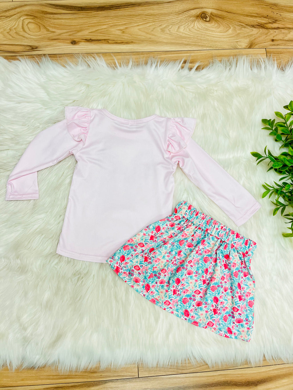 Girl’s Light Pink & Teal Floral Bow Long Sleeve Skirt Outfit