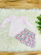 Girl’s Light Pink & Teal Floral Bow Long Sleeve Skirt Outfit