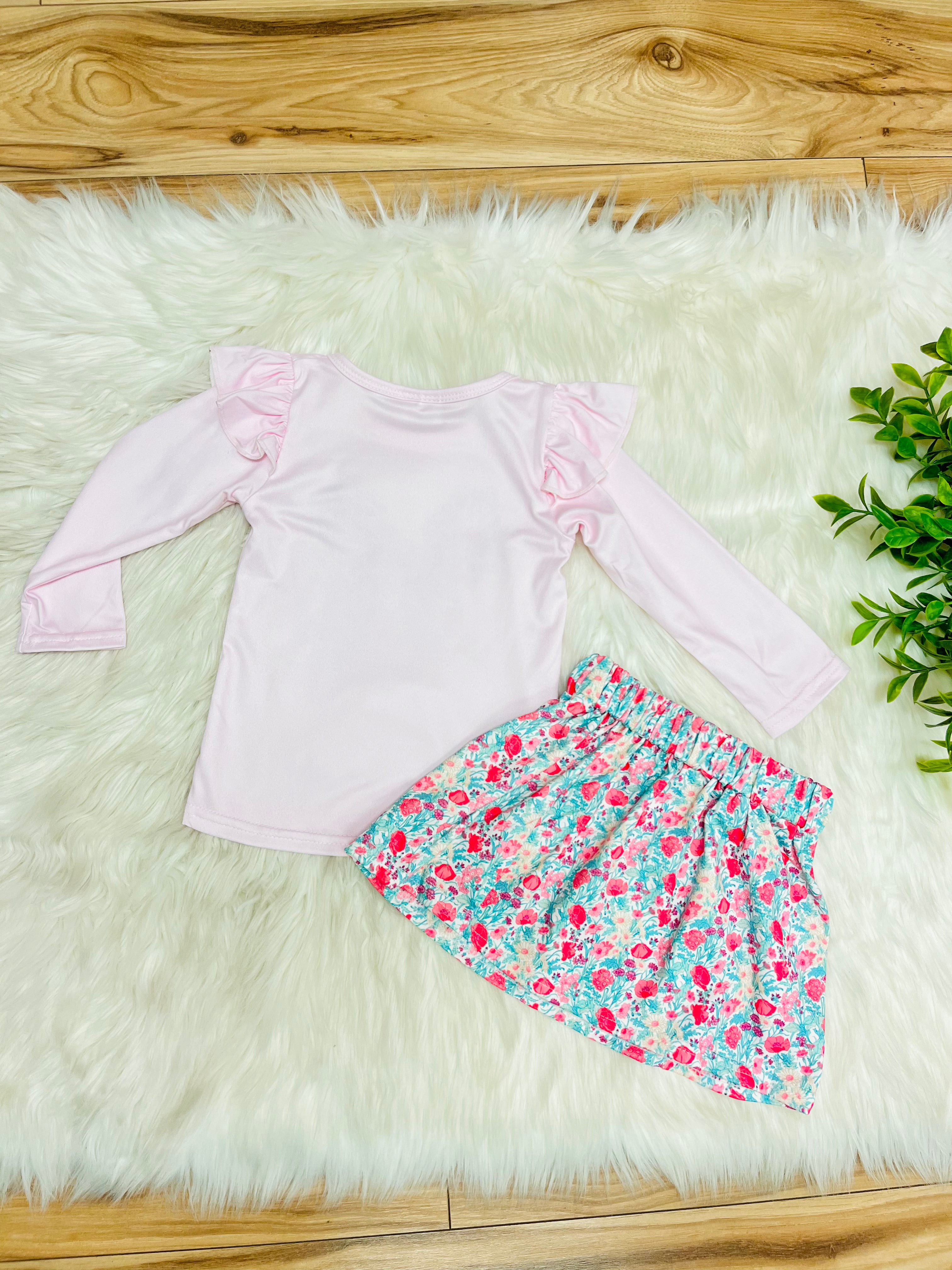 Girl’s Light Pink & Teal Floral Bow Long Sleeve Skirt Outfit