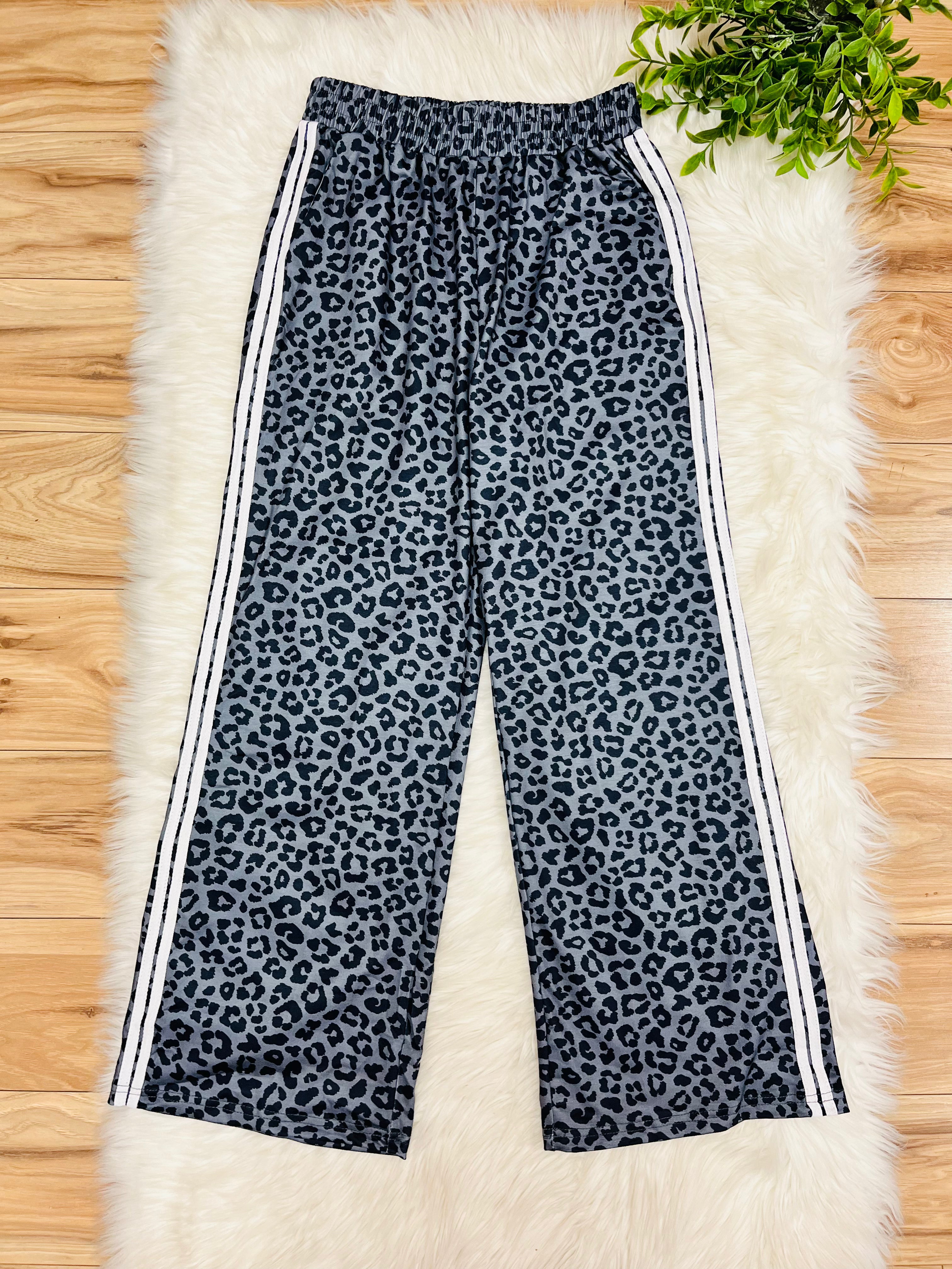 Women’s Grey and Black Leopard Pant Set with Stripe Detail- True to Size