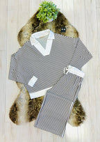 Women’s Zenana Brown & White Long Sleeve Stripped Set
