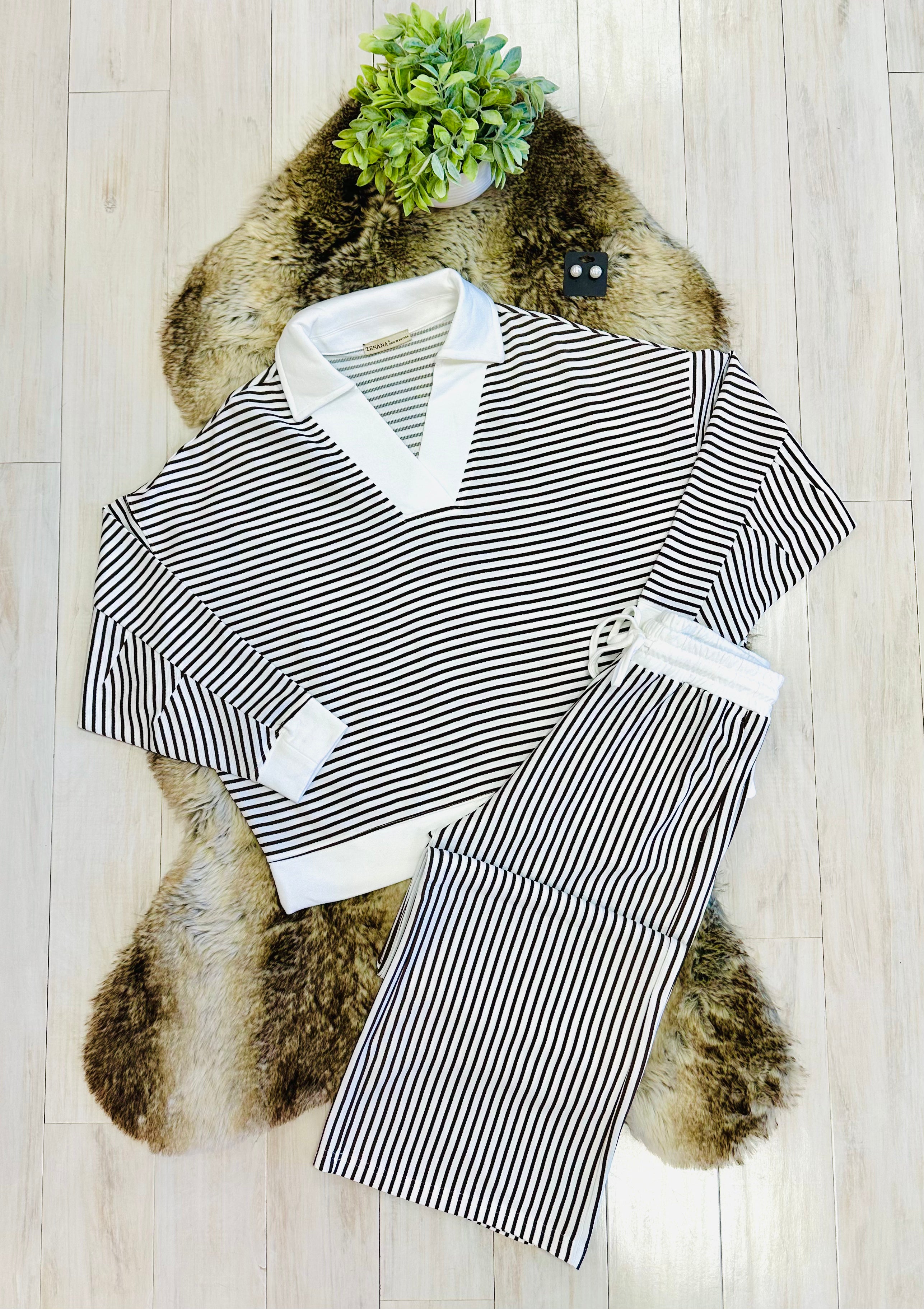 Women’s Zenana Brown & White Long Sleeve Stripped Set