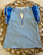 Women’s Blue Stripe Split Neck Ruffle Sleeve Top