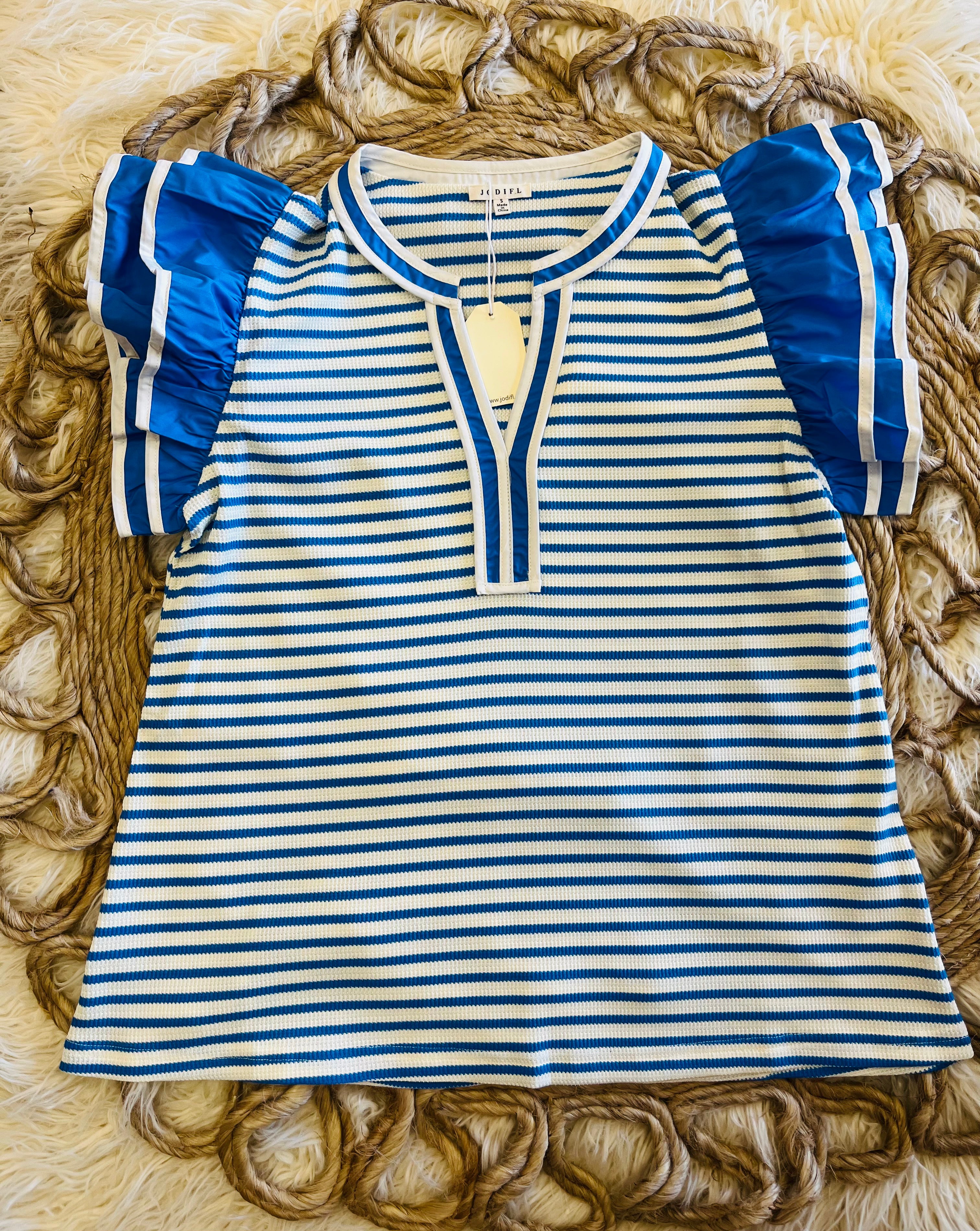 Women’s Blue Stripe Split Neck Ruffle Sleeve Top