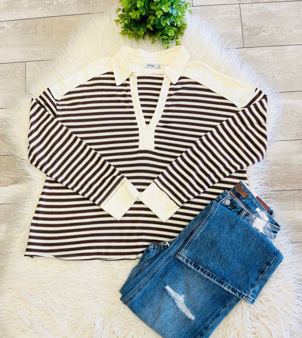 Women’s Brown & Cream Striped Henley Long Sleeve - True to Size