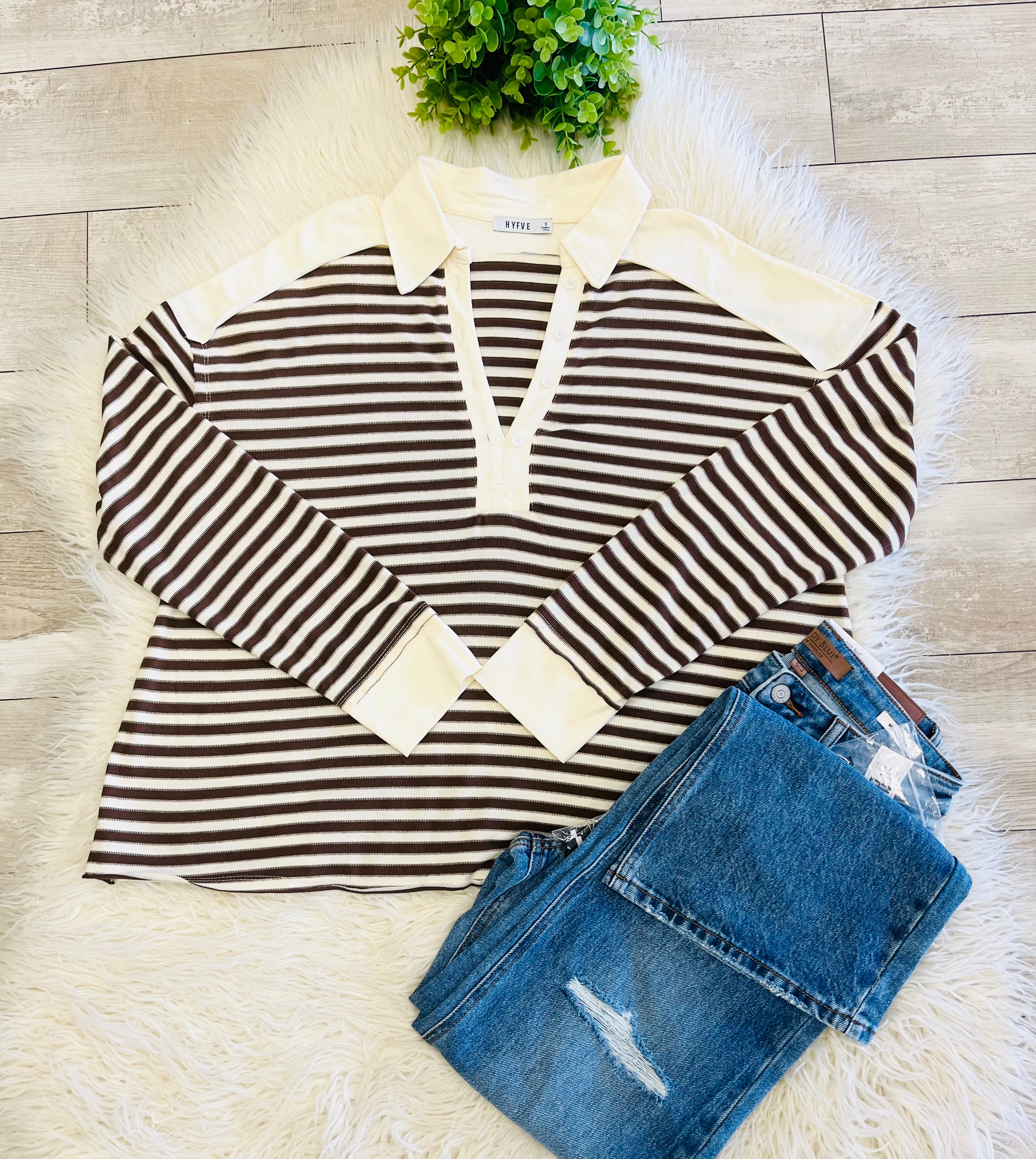 Women’s Brown & Cream Striped Henley Long Sleeve - True to Size