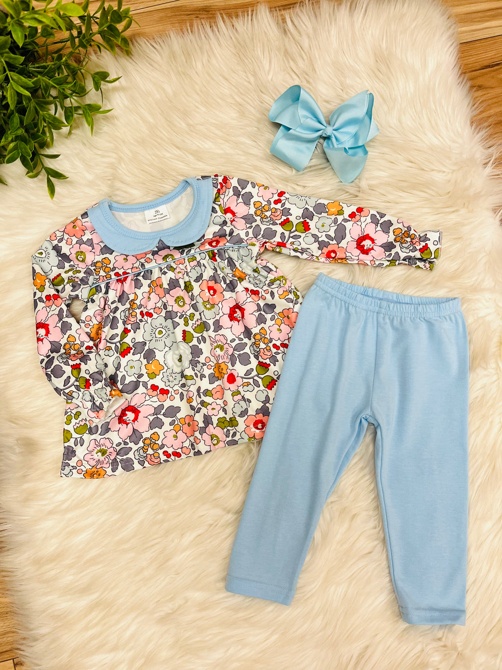 Girl’s Floral Outfit with Light Blue Pants