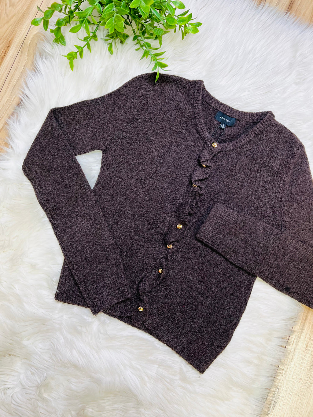 Women’s Love Tree Brown Gold Button Up Sweater Top- True to Size