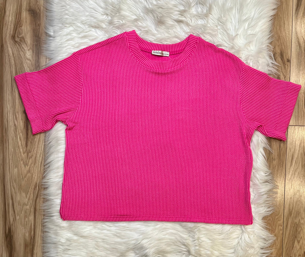 Women’s Ribbed Short Sleeve Drawstring Pants Set Hot Pink