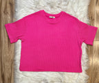 Women’s Ribbed Short Sleeve Drawstring Pants Set Hot Pink