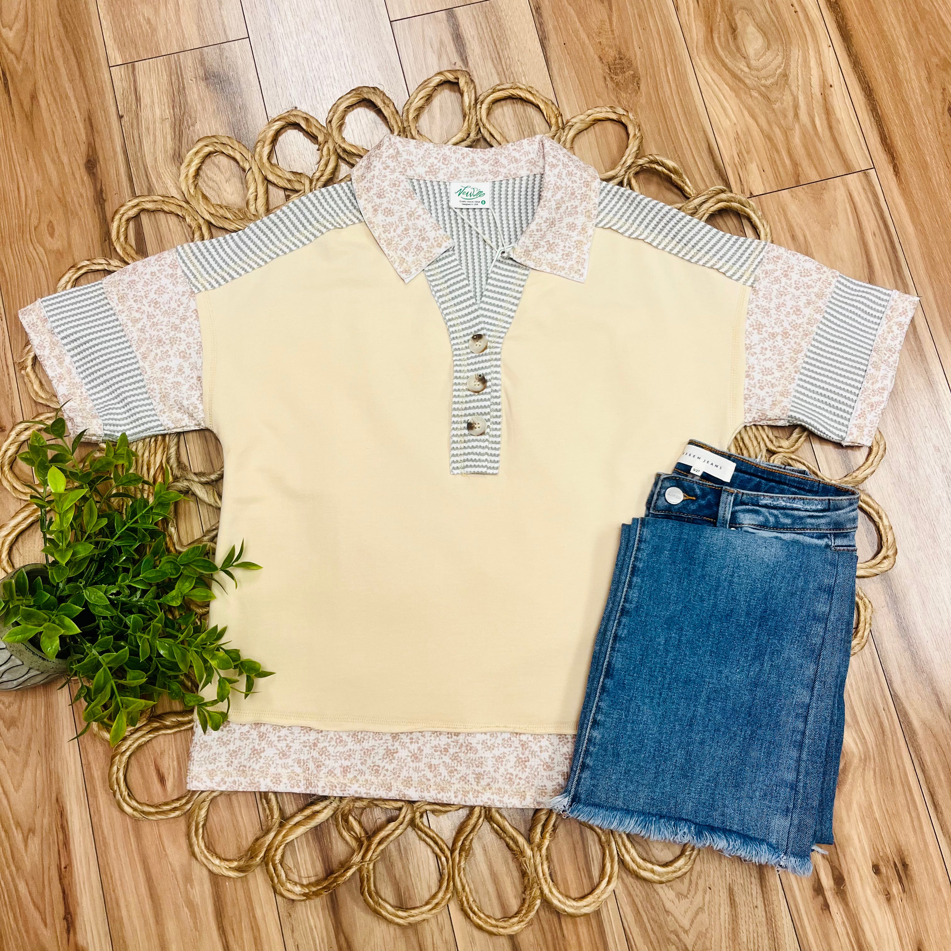 Women’s Very J Beige Half Button Down Collared Top