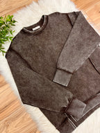 Women’s Zenana Dark Brown Acid Wash Ribbed Crewneck Top-Loose Fit