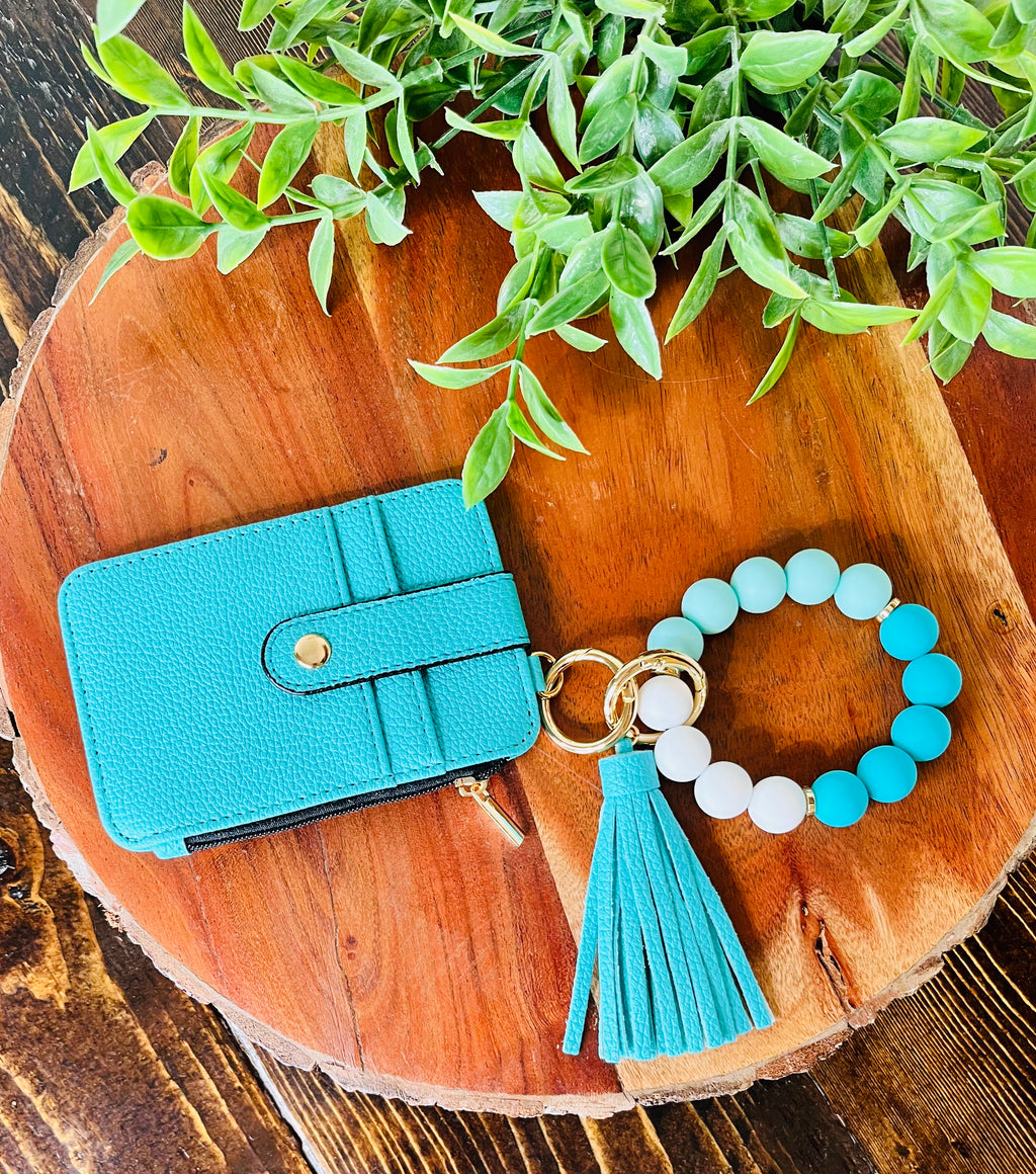 Wristlet ID Badge Zipper Pouch Keychain Turquoise