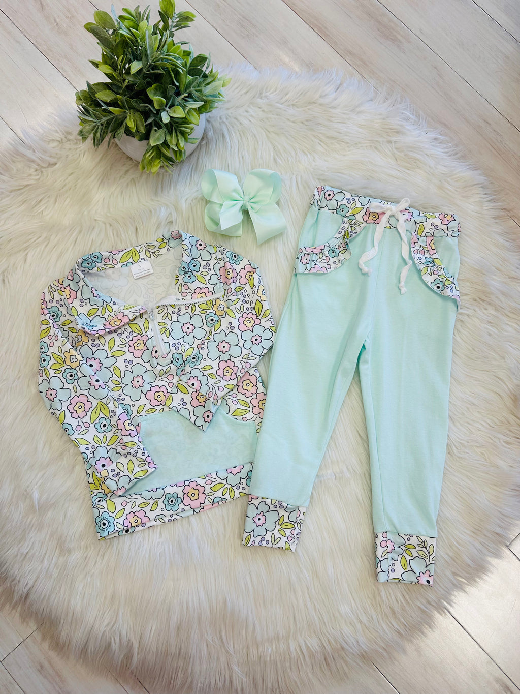 Girl’s Light Teal Floral Pant Set