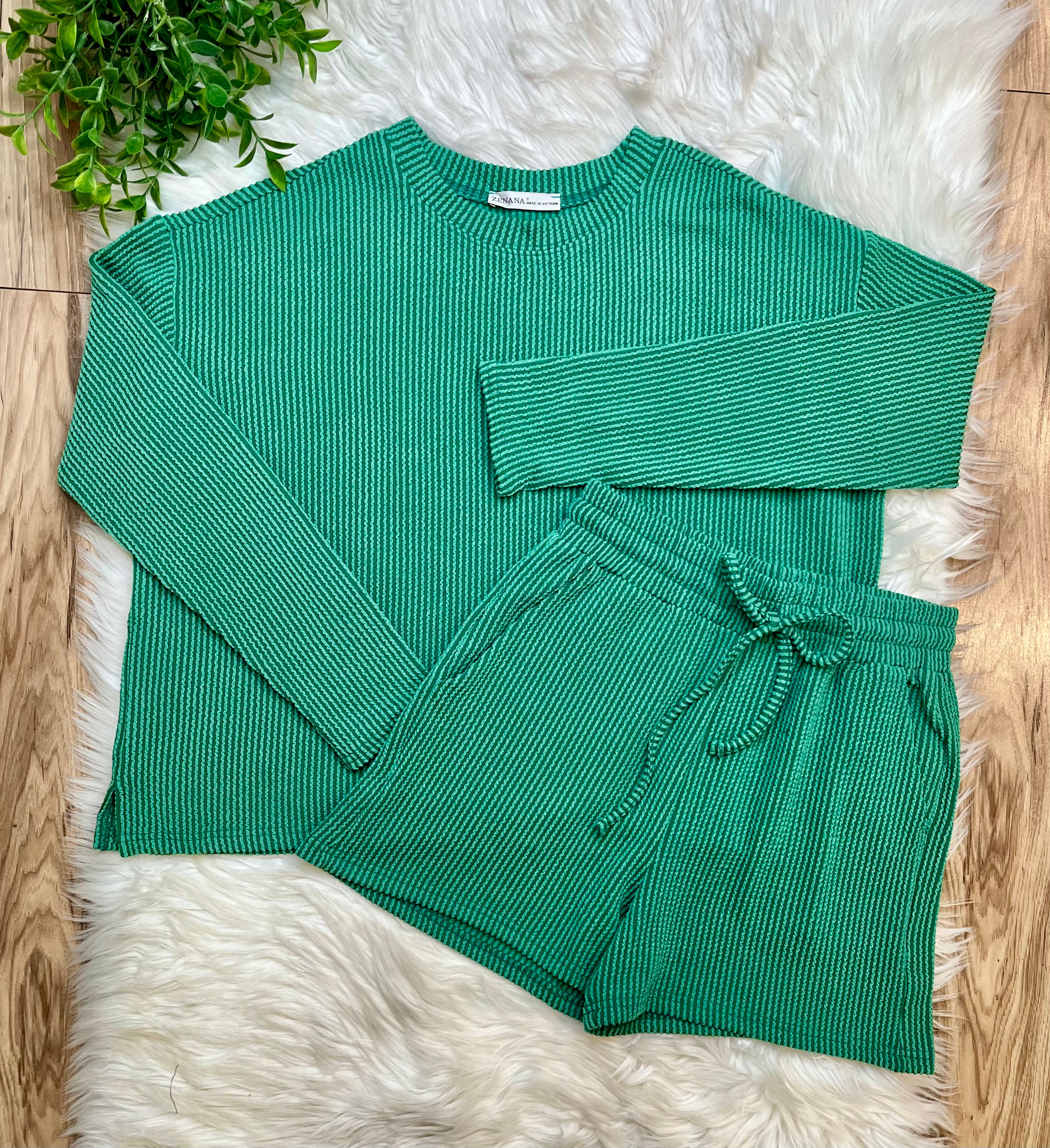 Women’s Zenana Green Ribbed Short Set