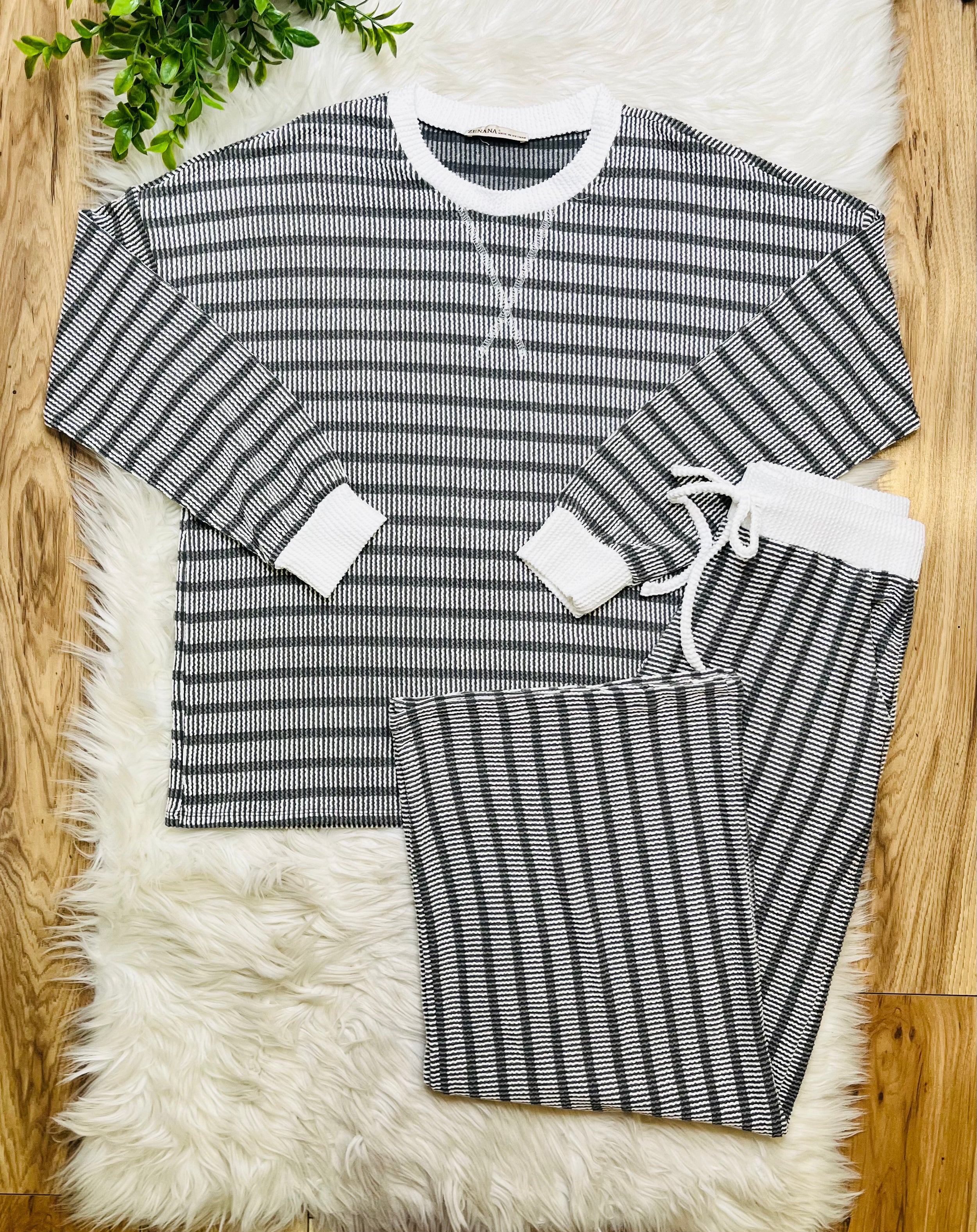 Women’s Zenana Grey Striped Ribbed Set