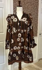 Women’s Umgee Brown Floral Ruffle Split Neck Dress