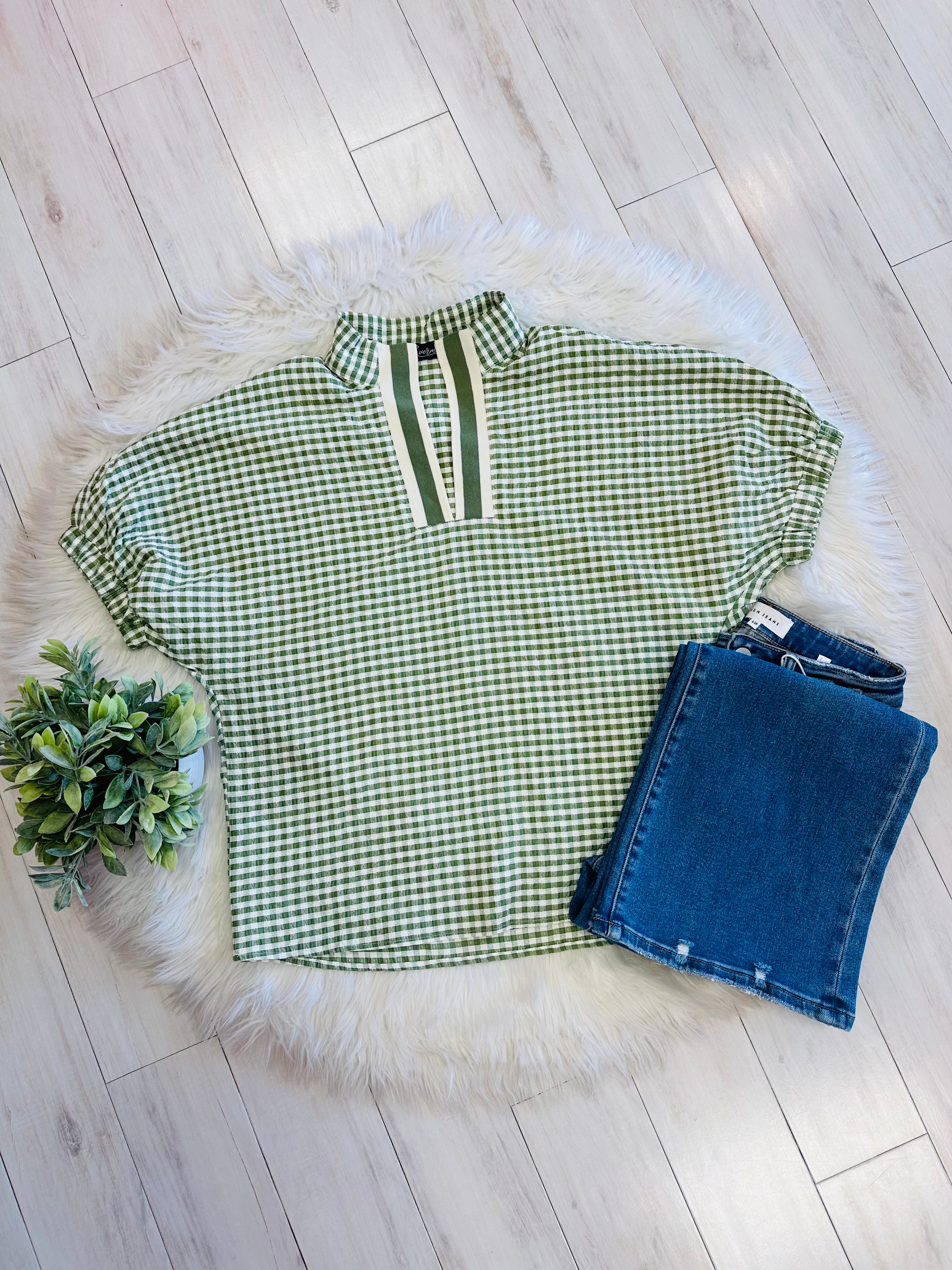 Women’s Evermmee Cream and Green Gingham Top
