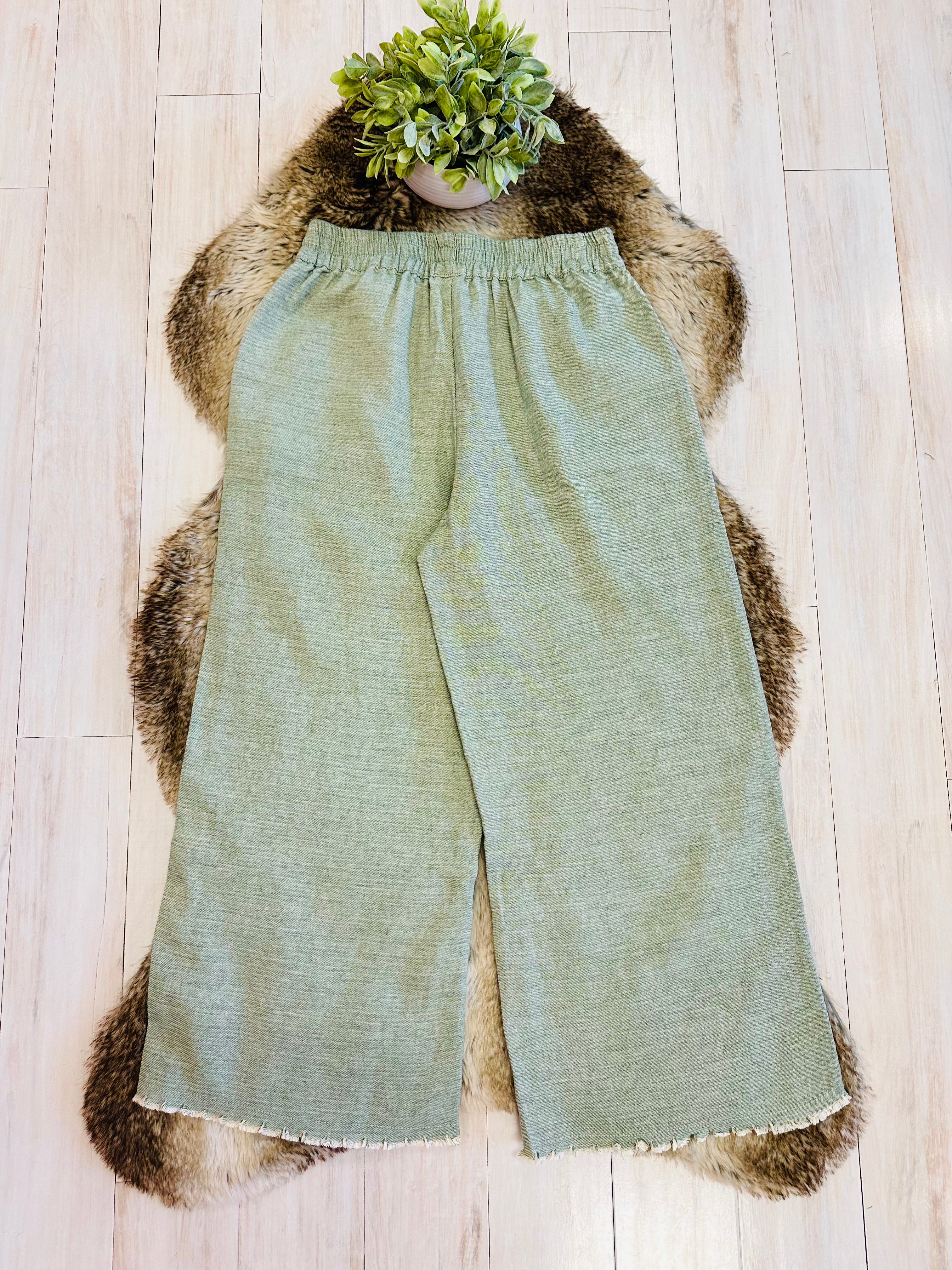 Women’s Umgee Sage Wide Leg Pants with Frayed Hem- Loose Fit