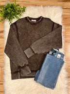 Women’s Zenana Dark Brown Acid Wash Ribbed Crewneck Top-Loose Fit