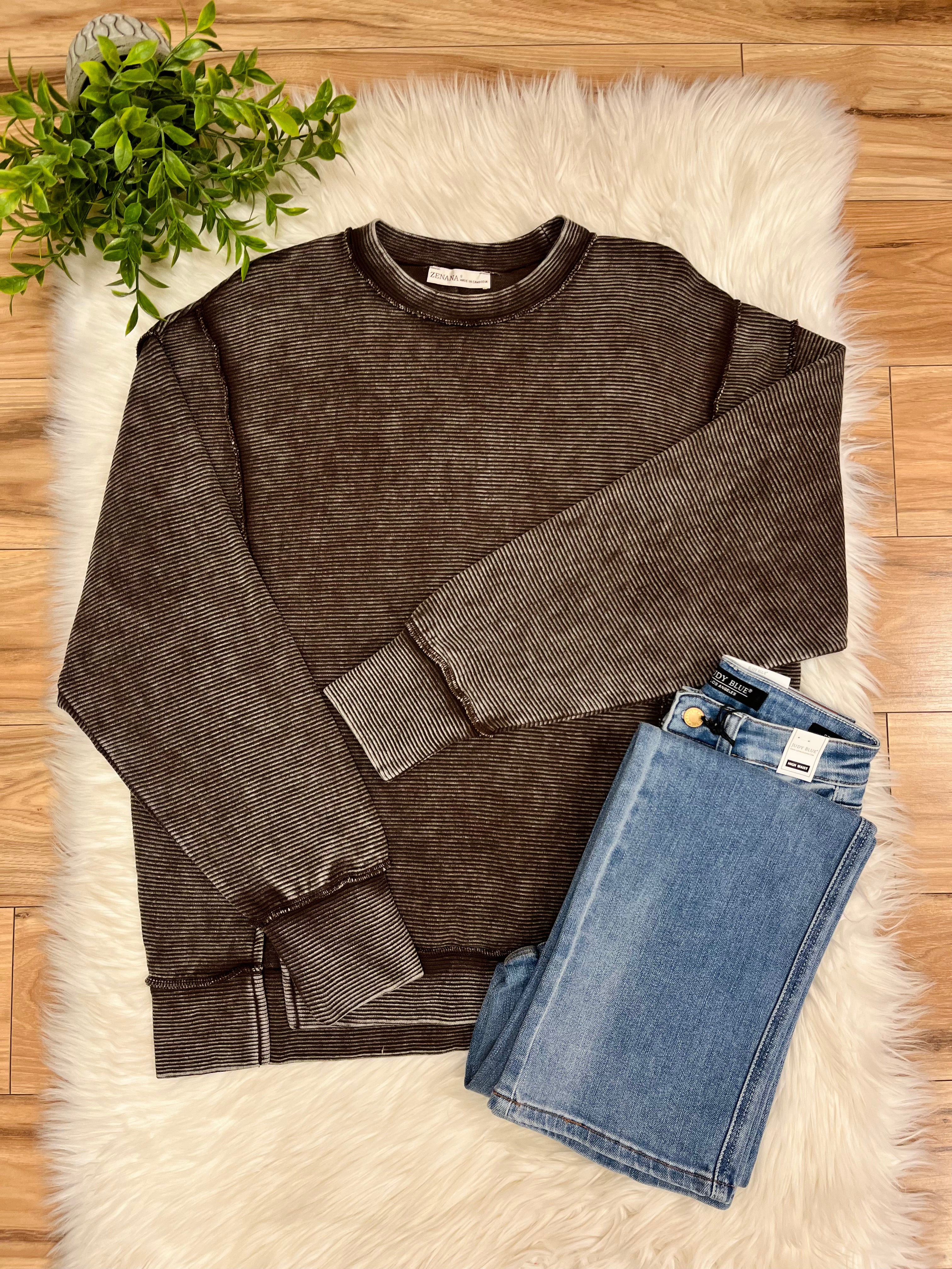 Women’s Zenana Dark Brown Acid Wash Ribbed Crewneck Top-Loose Fit