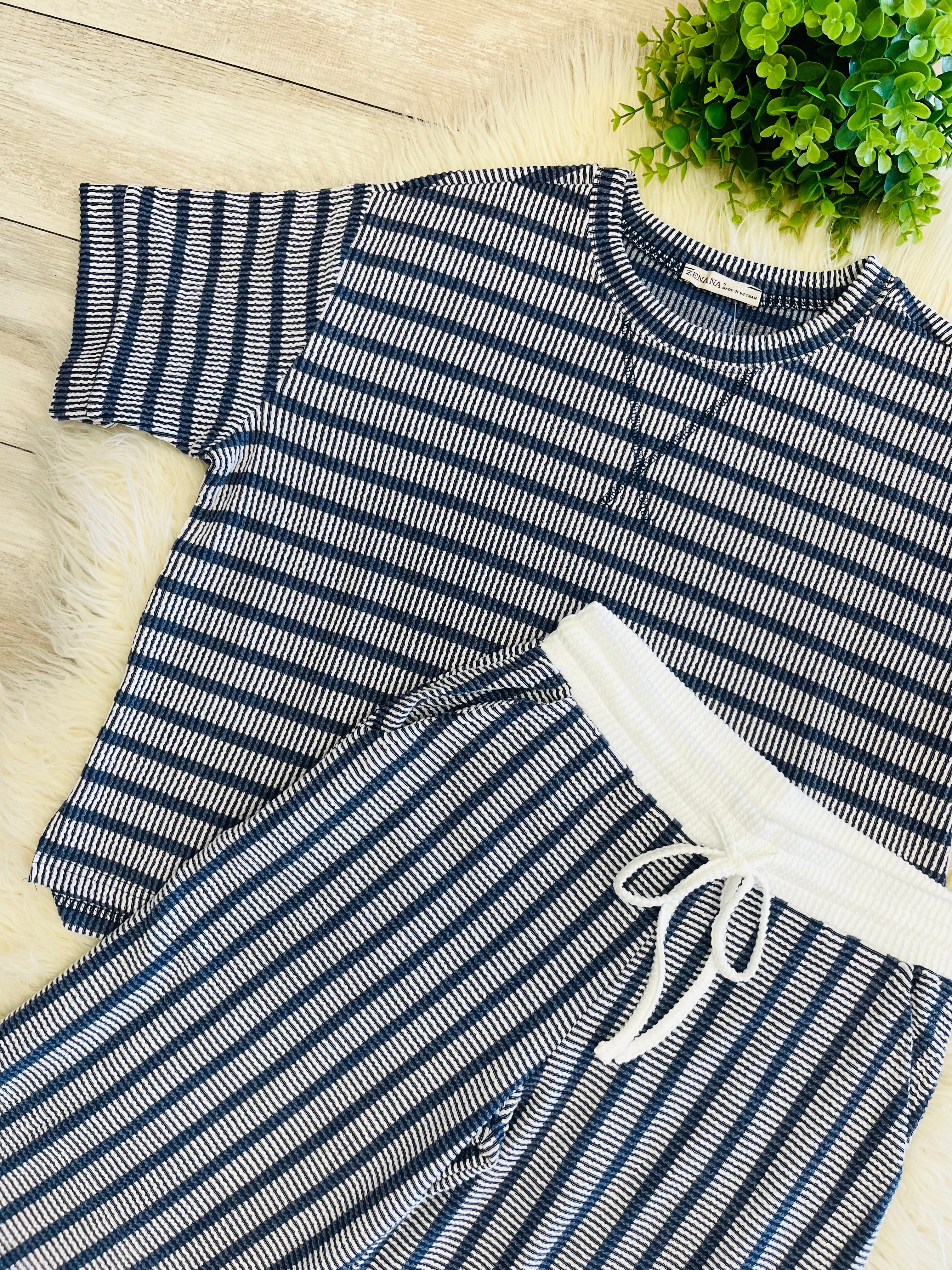 Women’s Zenana Navy Ribbed Drop - Shoulder Two Piece Set