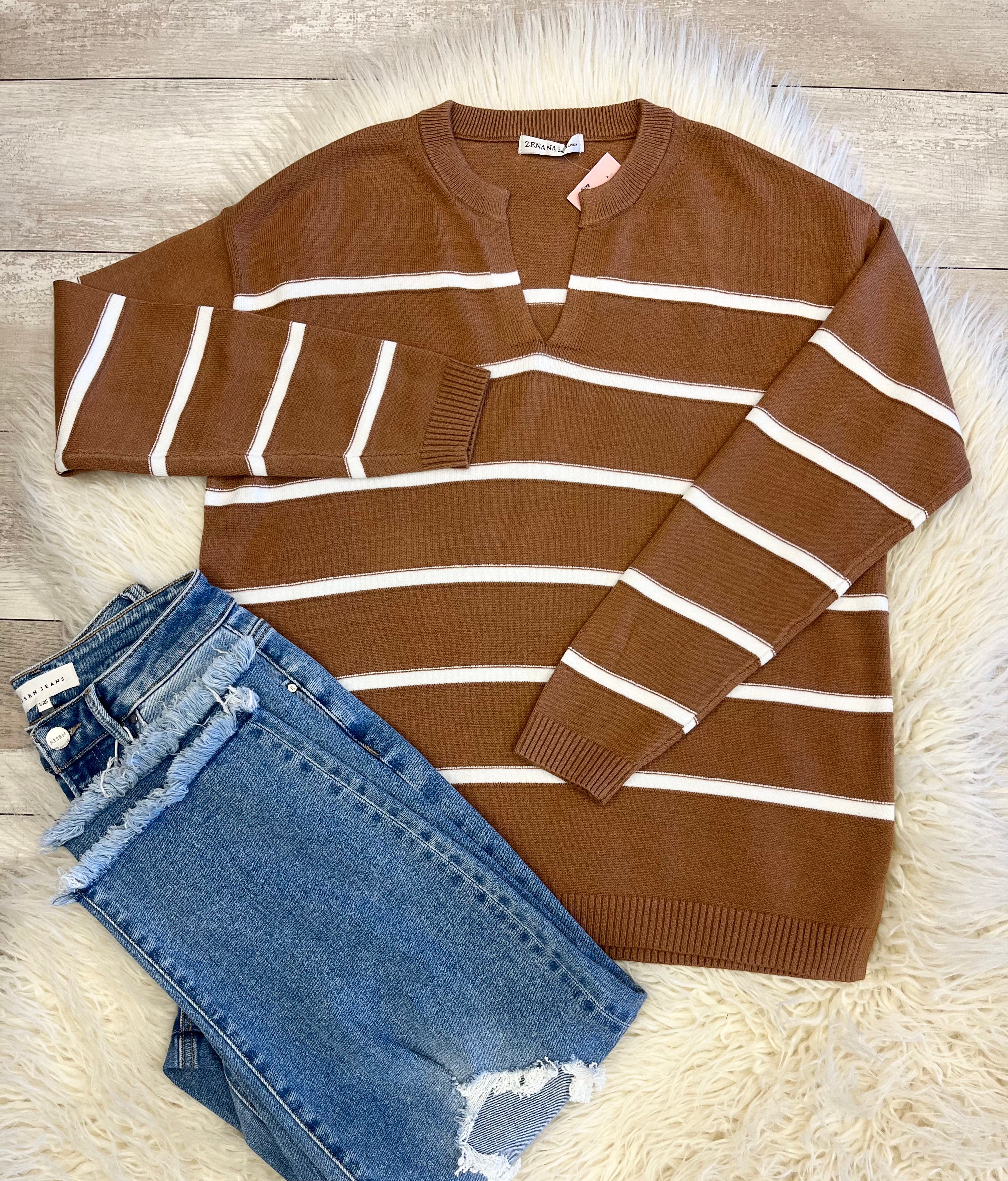 Women’s Zenana Trinity V-Neck Sweater In Dark Camel - True to Size