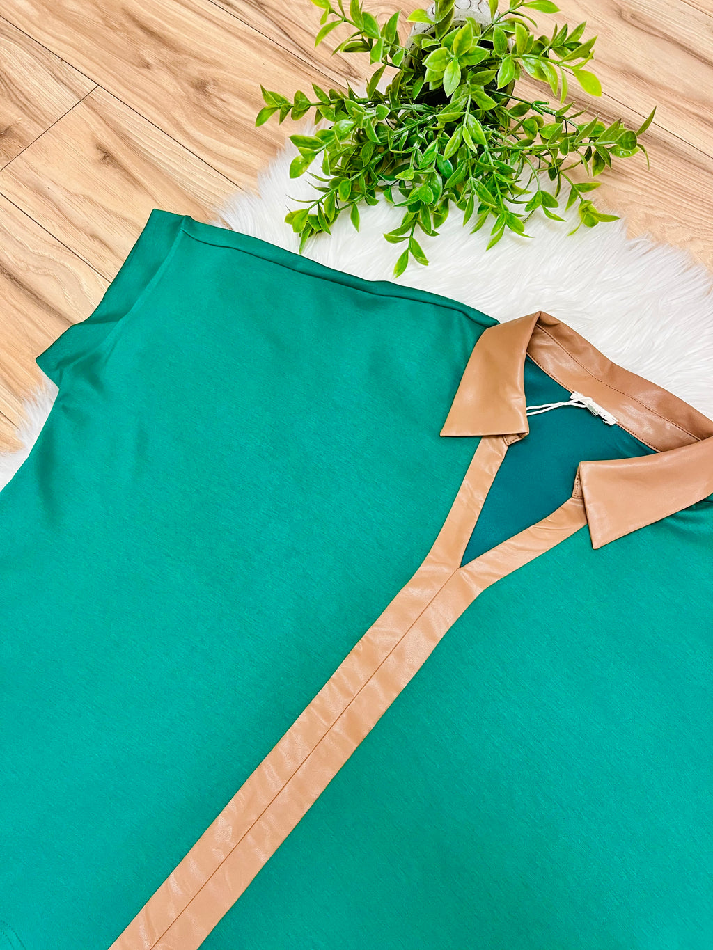 Women’s Jodifl Kelly Green V Neck Top with Leather Collar and Trim- Loose Fit