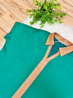 Women’s Jodifl Kelly Green V Neck Top with Leather Collar and Trim- Loose Fit