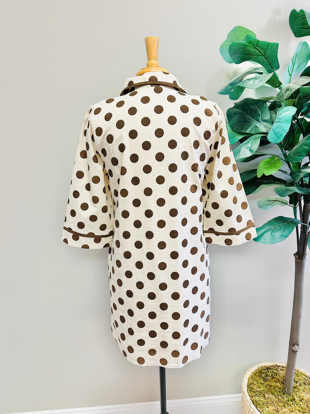Women’s Cream V Neck Collared Dress with Mocha Brown Polka Dots by Jodifl- Loose Fit