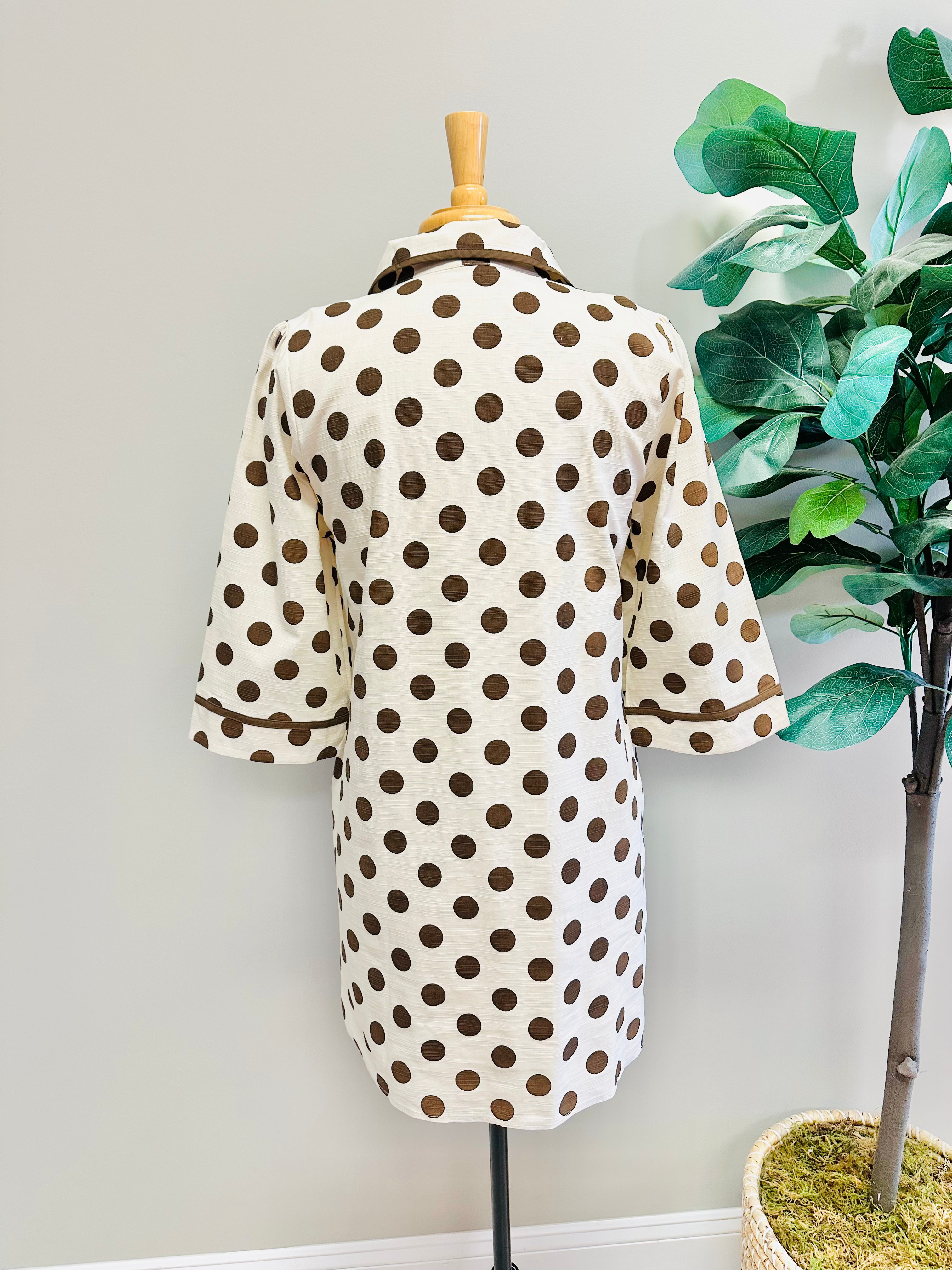Women’s Cream V Neck Collared Dress with Mocha Brown Polka Dots by Jodifl- Loose Fit