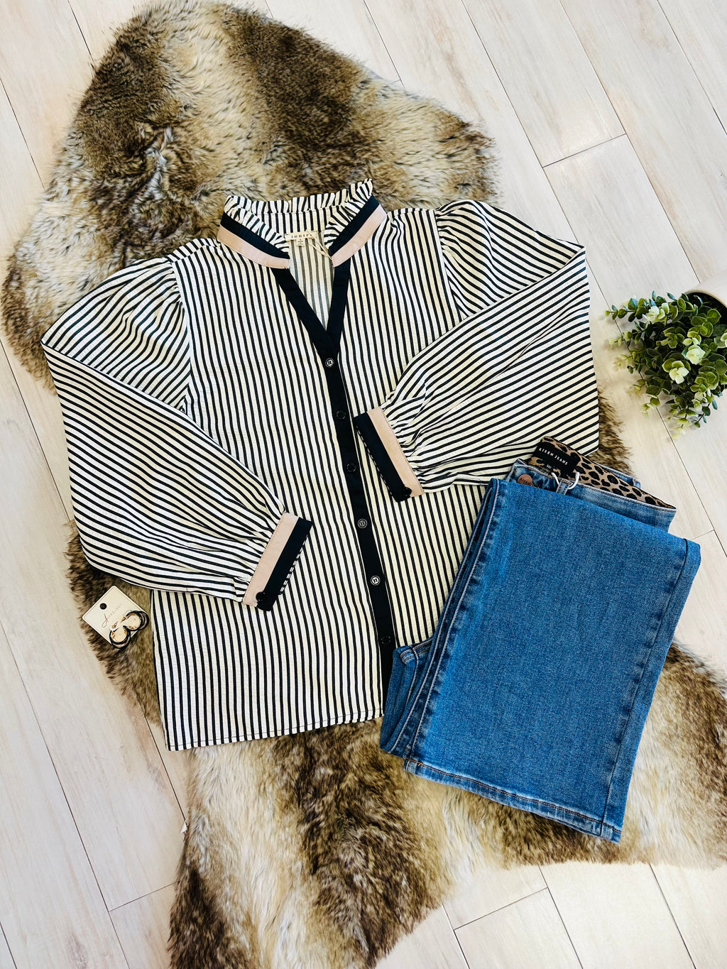 Women’s Black Stripe Button Down Long Sleeve Top by Jodifl- True to Size