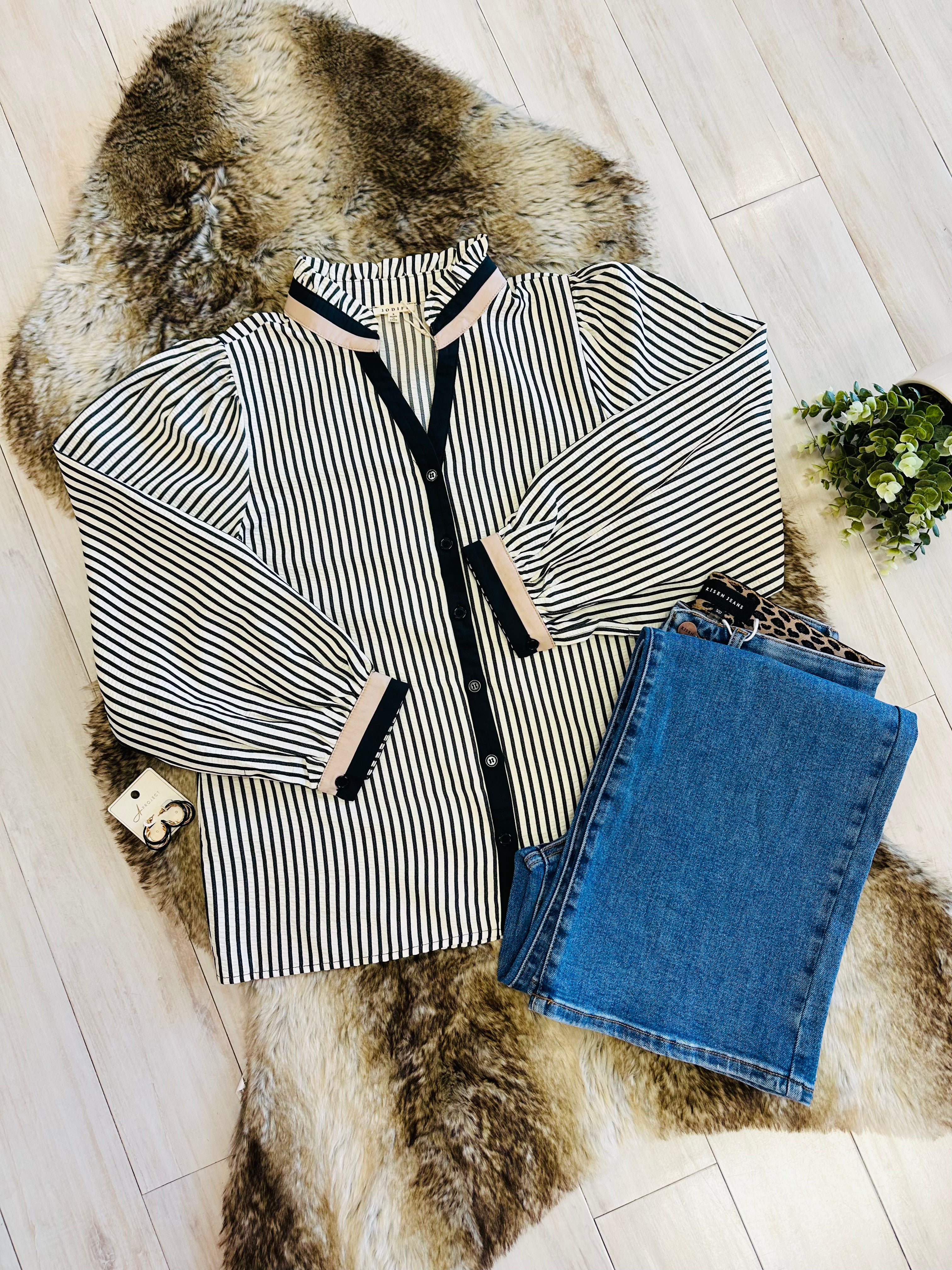 Women’s Black Stripe Button Down Long Sleeve Top by Jodifl- True to Size