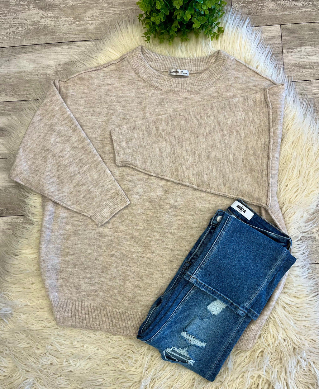 Women’s Zenana Shoulder - Drop Sweater Top in Beige