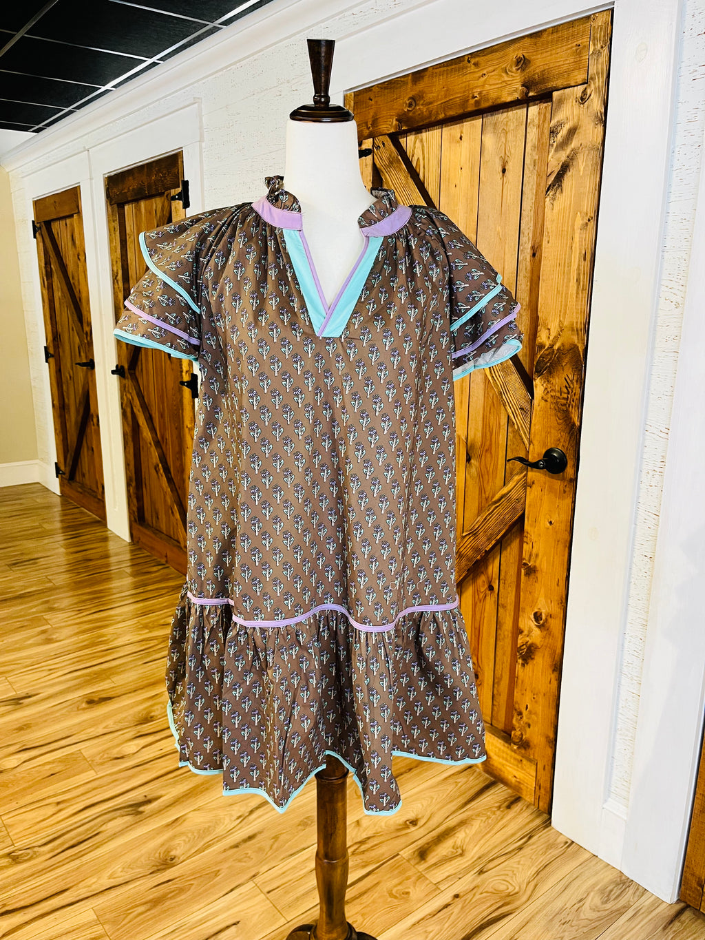 Women’s Taupe Boho Ruffle Sleeve Mini Dress