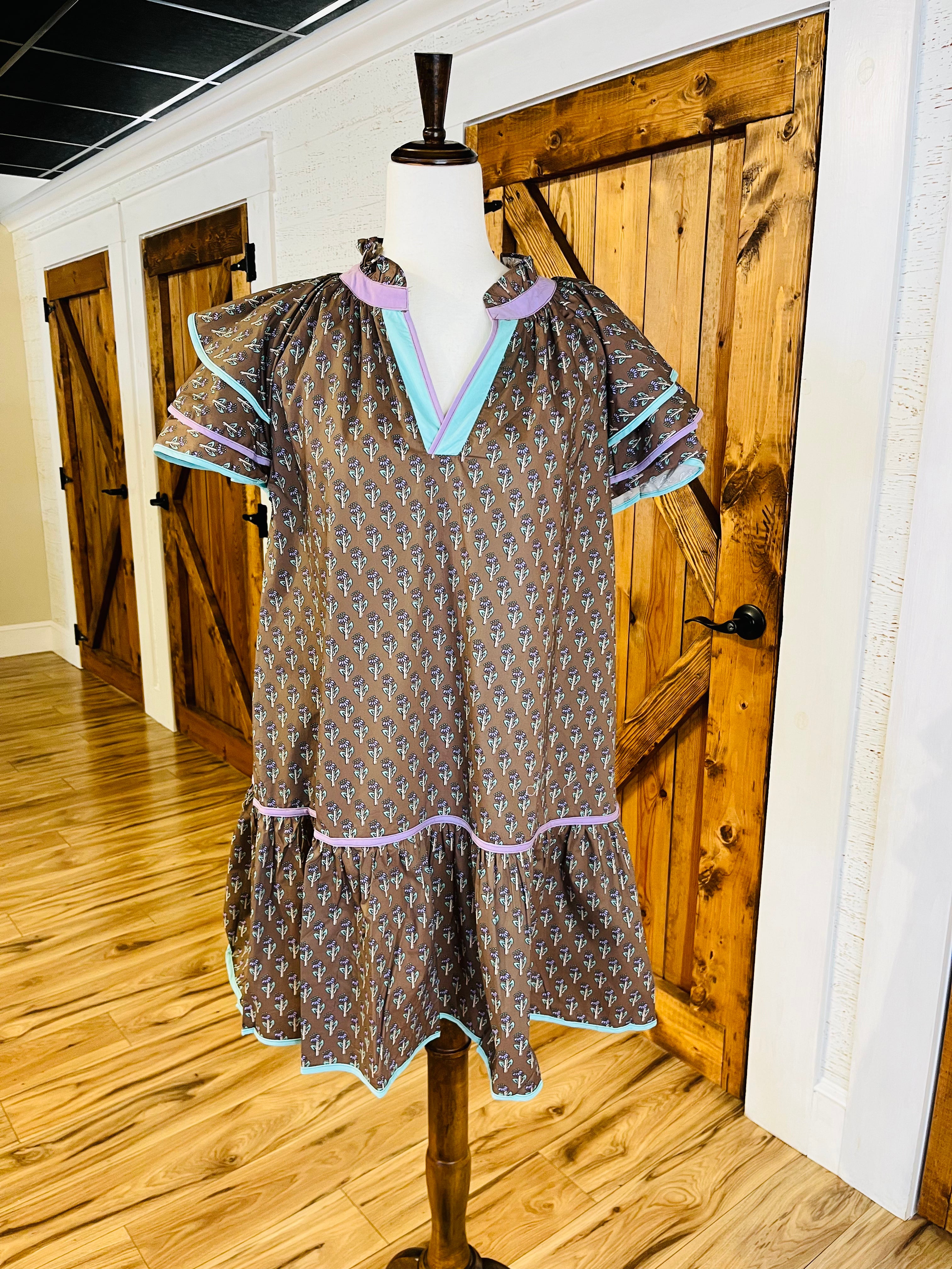 Women’s Taupe Boho Ruffle Sleeve Mini Dress