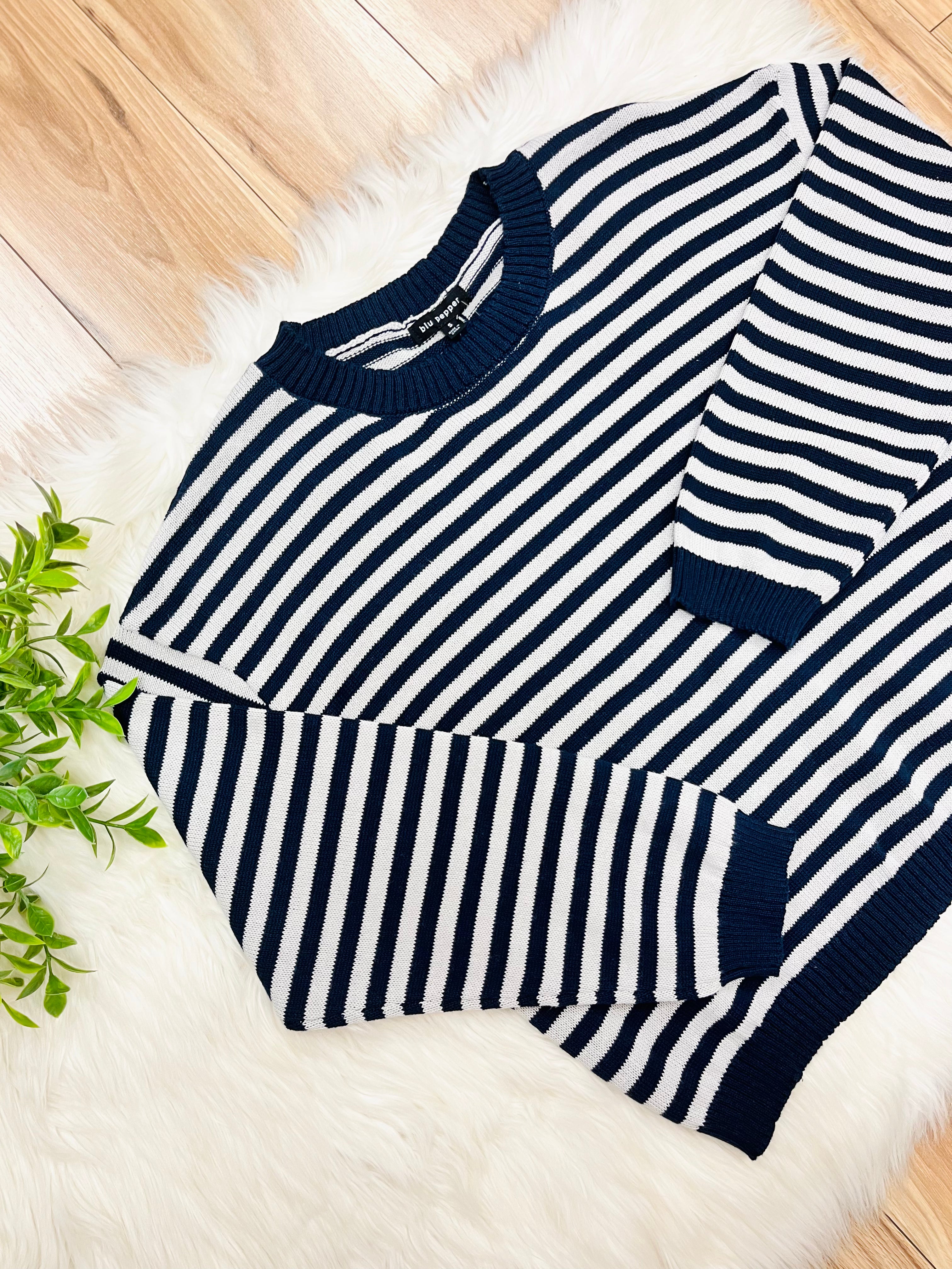 Women’s Stripe Navy & Grey Relaxed Sweater Top by Blu Pepper- Loose Fit