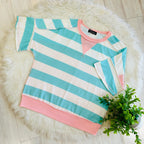 Women’s Teal Stripe Top with Pink Trim