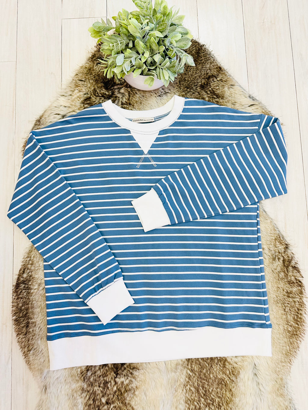 Women’s Zenana Dusty Blue Striped Long Sleeve Top with White Trim- True to Size